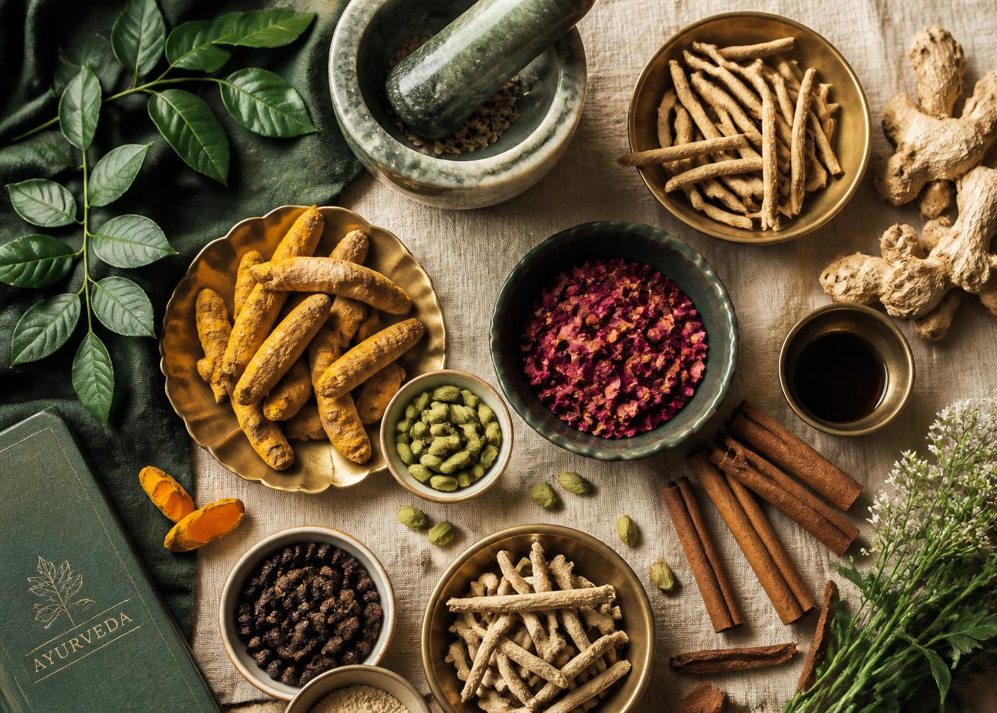 Flat lay of Ayurvedic herbs and spices