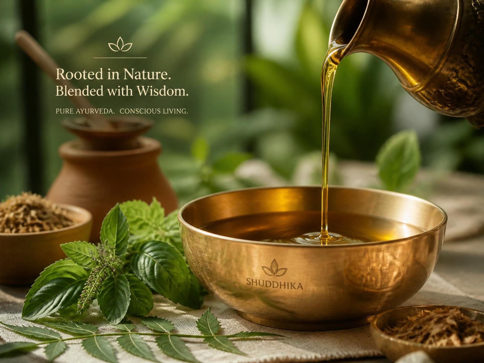 Warm herbal oil poured into a brass kansa bowl with fresh tulsi and neem leaves